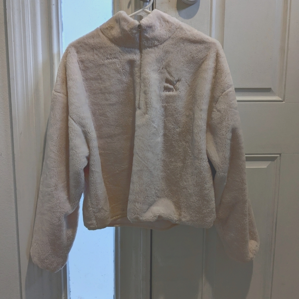 White Puma Half Zip Fluffy Sweater